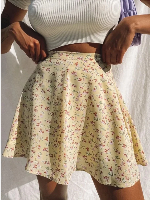 Floral Print Party Skirt Summer New High Waist Pleated Skirt Short Beach Sexy Frills Mini Skirts For Women 2022