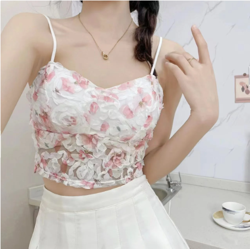 Crop Top Floral Camisoles Strap Tank Tops for Women Tube Top with Chest Pad Sexy Sweet Camisole GA