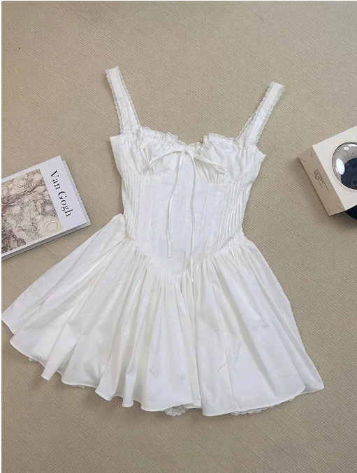 Summer Women Bow A-Line Dress Spaghetti Strap Solid Color Frocks Dress Square Neck Party Tunic Korean Preppy Evening