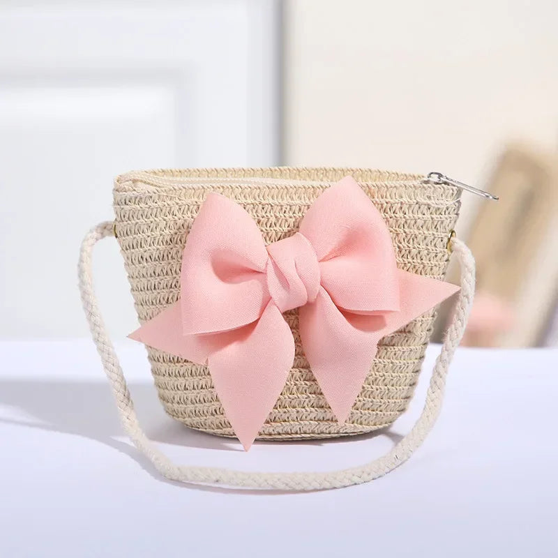 Cute Bow Straw Shoulder Bags Baby Girls Handmade Woven Crossbody Bag Princess Kids Messenger Bags Mini Coin Purse Beach Handbags