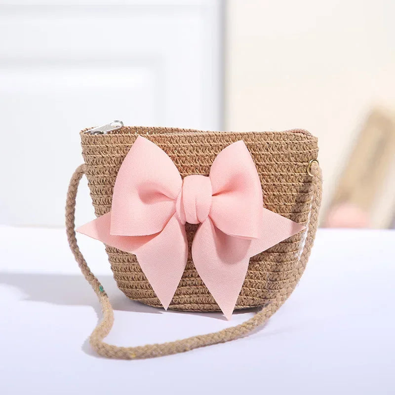 Cute Bow Straw Shoulder Bags Baby Girls Handmade Woven Crossbody Bag Princess Kids Messenger Bags Mini Coin Purse Beach Handbags
