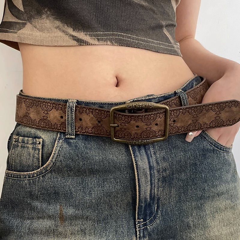 Retro embossed belt neodymium new summer old ethnic style belt versatile y2k high-end feel